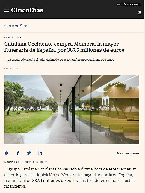 Catalana Occidente compra Mmora, la mayor funeraria de Espaa, por 387,5 millones de euros